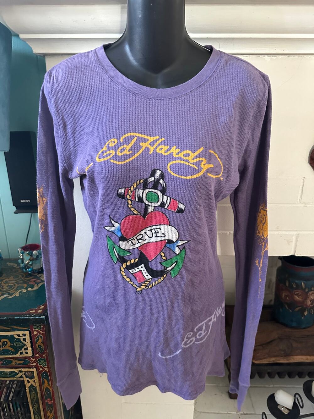 VINTAGE Y2K ED HARDY LAVENDER PURPLE FITTED THERMAL TUNIC/MINIDRESS/TEE M